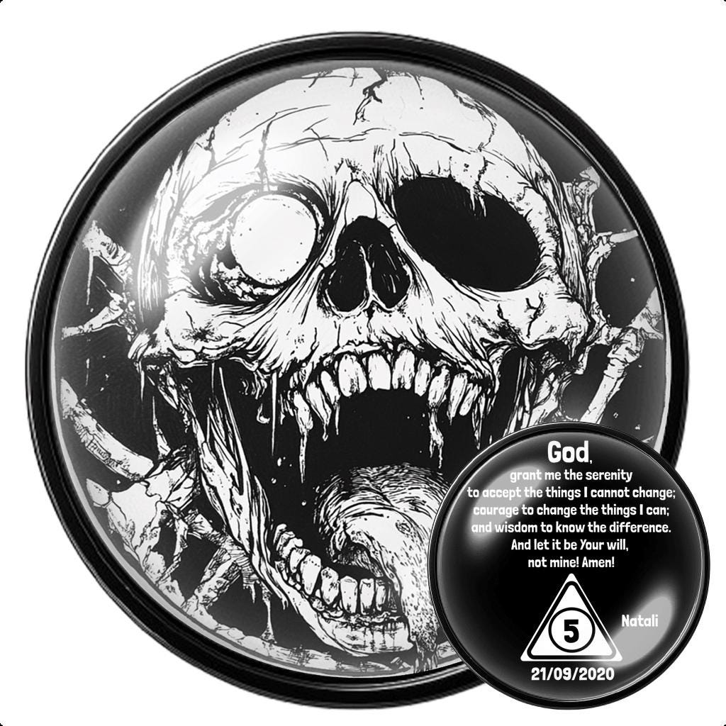 Black Sobriety Coin: Skulls & Demons, AA Medallion Recovery Gift