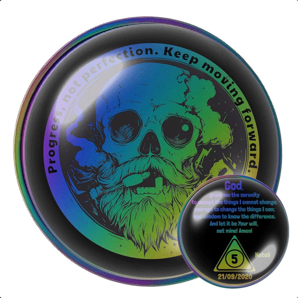 Rainbow Bearded Skull Sobriety Coin – Serenity Prayer Recovery Token